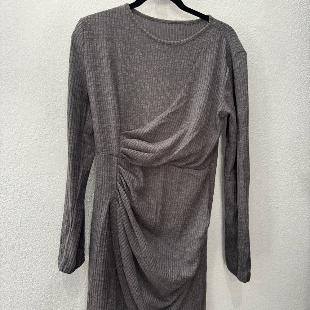 Long Sleeve Gray Ruched Knit Dress - Women's